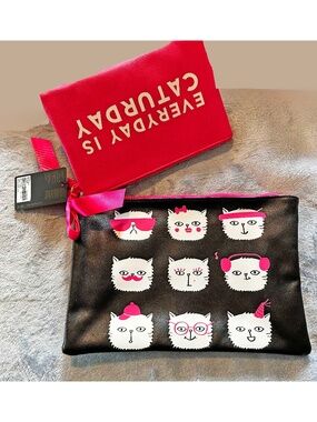 MAKEUP BAGS, SET OF TWO, "EVERYDAY IS CATURDAY" & OTHER ONE IS CAT FACES ON BLK